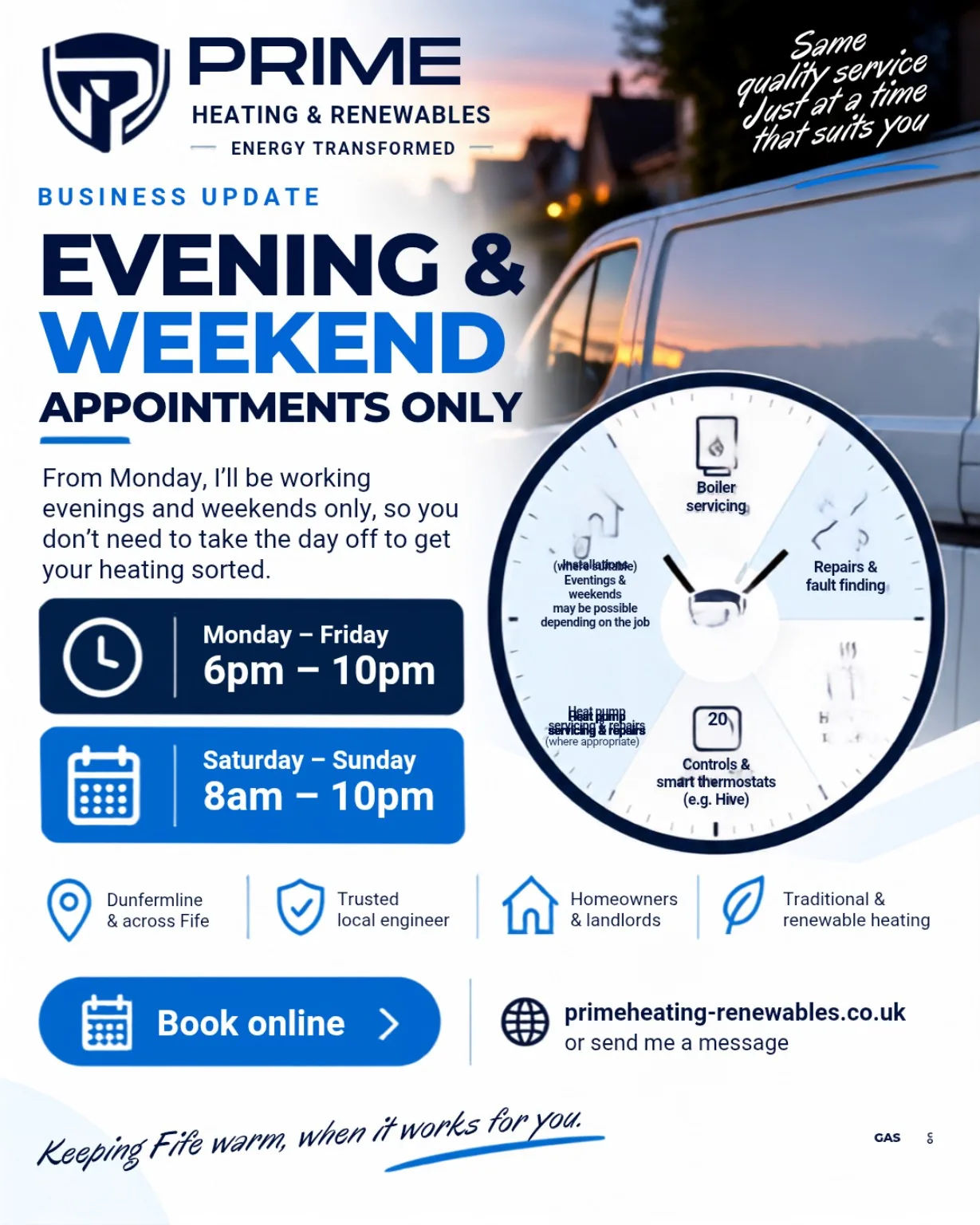 Prime Heating evening and weekend appointment hours across Fife